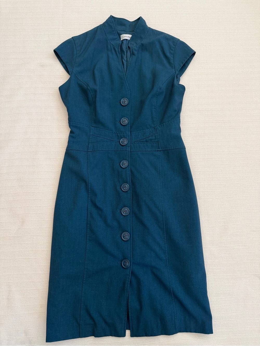 Calvin Klein Teal Blue Button Front Midi Dress Cap Sleeve Fit Flare